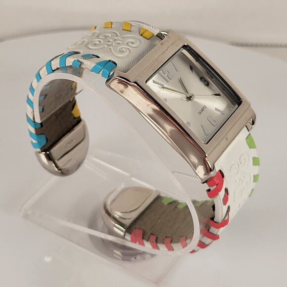 Silver Quartz Watch with Embossed Cuff White Leather Strap and Multicolor Design - Picture 9 of 16